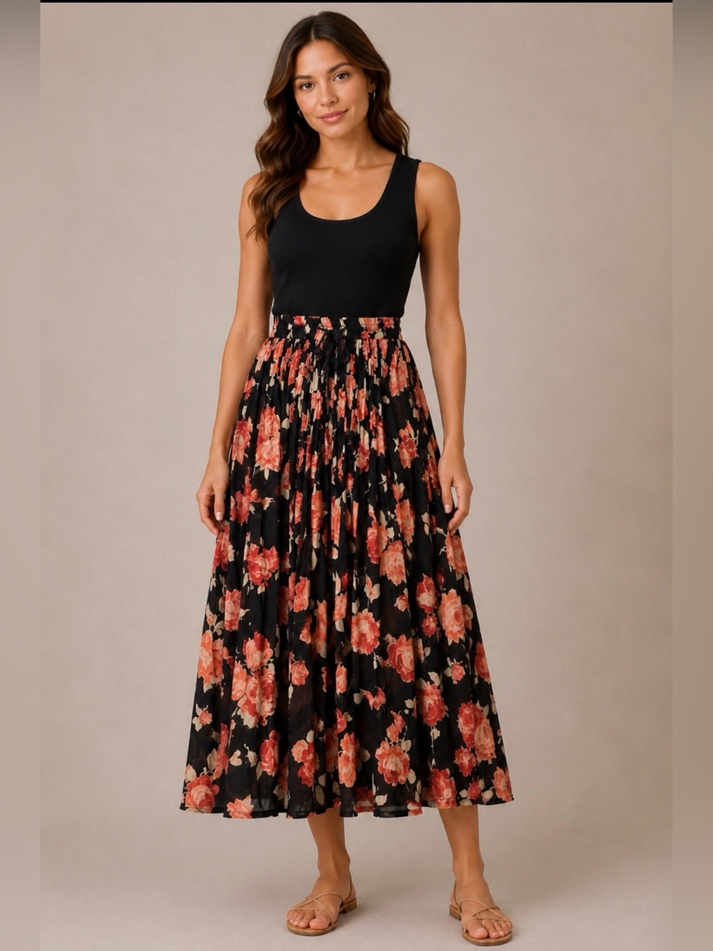 VINTAGE 90’s 100% Cotton Gauzy Black Coral Floral Midi Skirt Boho Cottagecore
